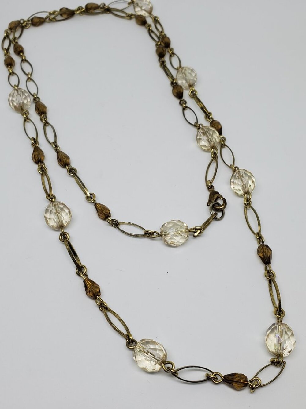 Dainty Gold Oval Links Amber Teardrop Beads and Faceted Round Bead 34" Necklace